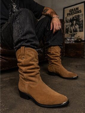 Vintage Genuine Leather Roughout Slouchy Cowboy Boots – Metal Toe Accent size 13